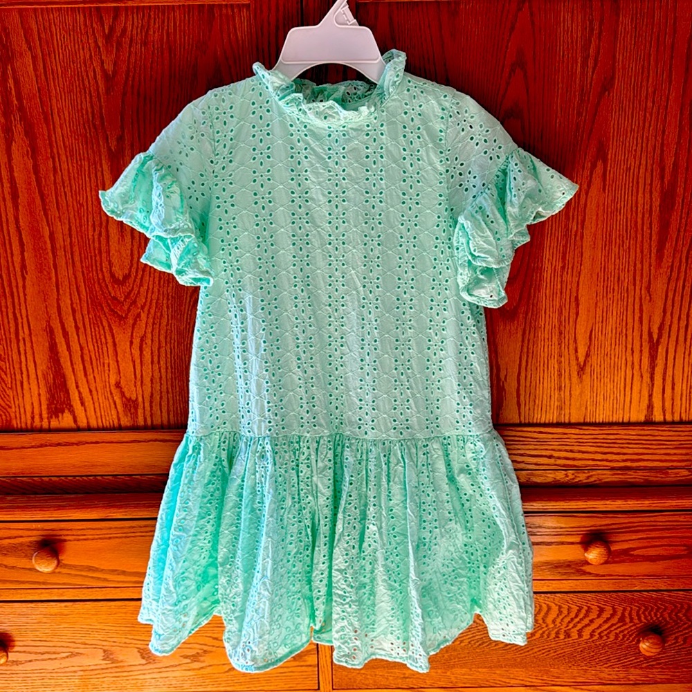 JANIE & JACK GIRLS SZ 12 MINT GREEN EYELET DRESS, HIGH RUFFLE NECK/BUTTERFLY SLV